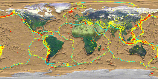 図6　プレートの境界域で生じる現象（黄色の点は地震の震央，赤い三角は活火山を示す）（出典：アメリカ航空宇宙局）